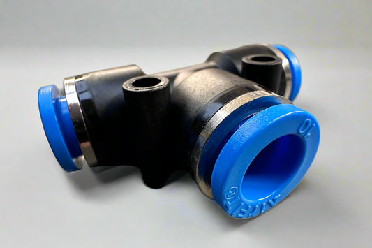 "AirFit T-piece push-to-connect pneumatic fitting with BSP male thread for air, water, and gas line branching"