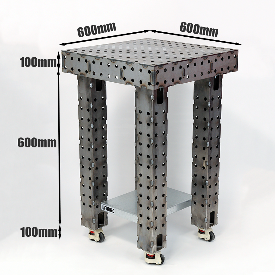 Nukeson FORGE Welding Table 600x600mm on white background with dimension. 