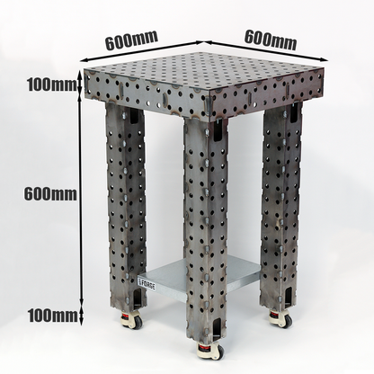 Nukeson FORGE Welding Table 600x600mm on white background with dimension. 