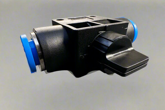 AirFit inline push-in shut-off valve with manual lever for pneumatic air, water, gas, and vacuum line control