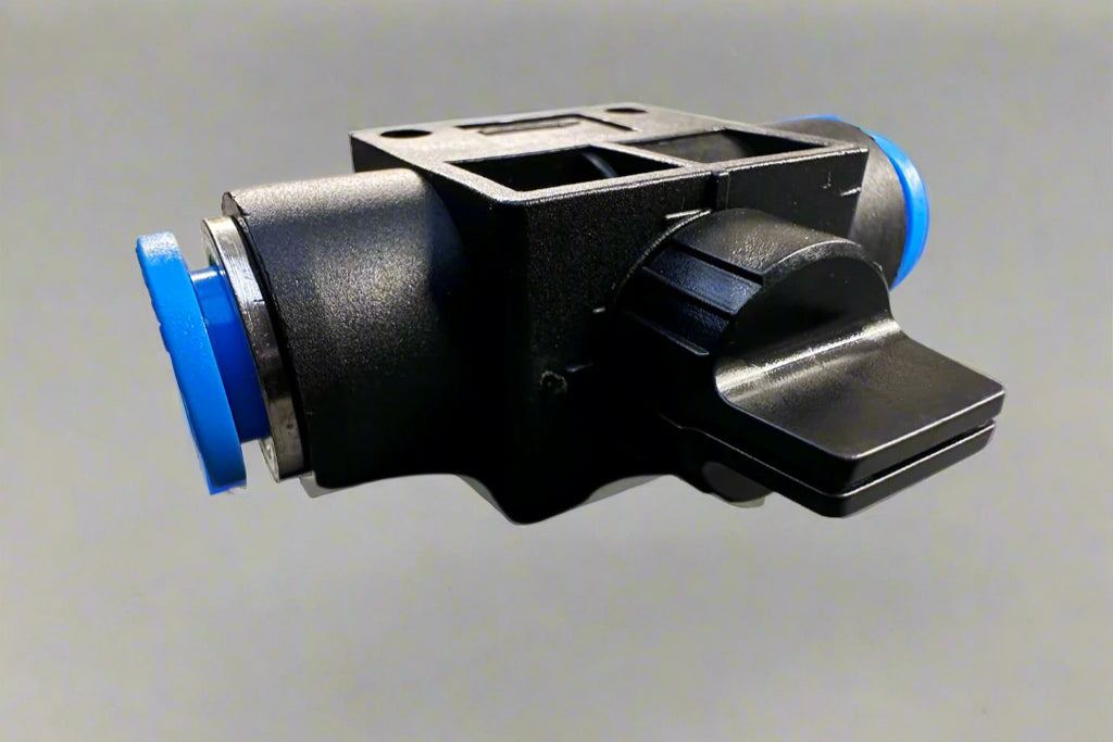 AirFit inline push-in shut-off valve with manual lever for pneumatic air, water, gas, and vacuum line control