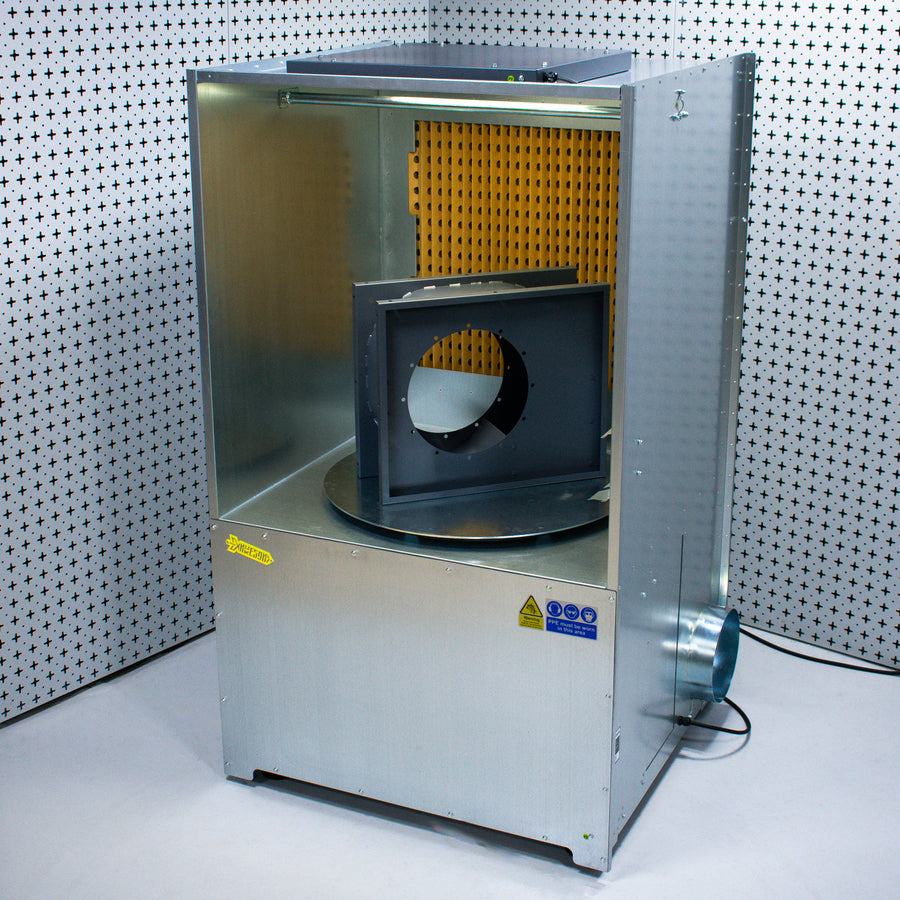 Industrial ATEX spray booth with turntable on white and black background with grey fan inside