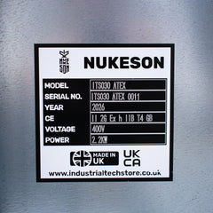 Nukeson label on a metallic surface with technical specifications.