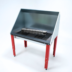 Plasma cutting table with red legs on a white background
