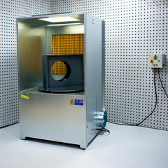 Industrial ATEX spray booth with turntable on white and black background