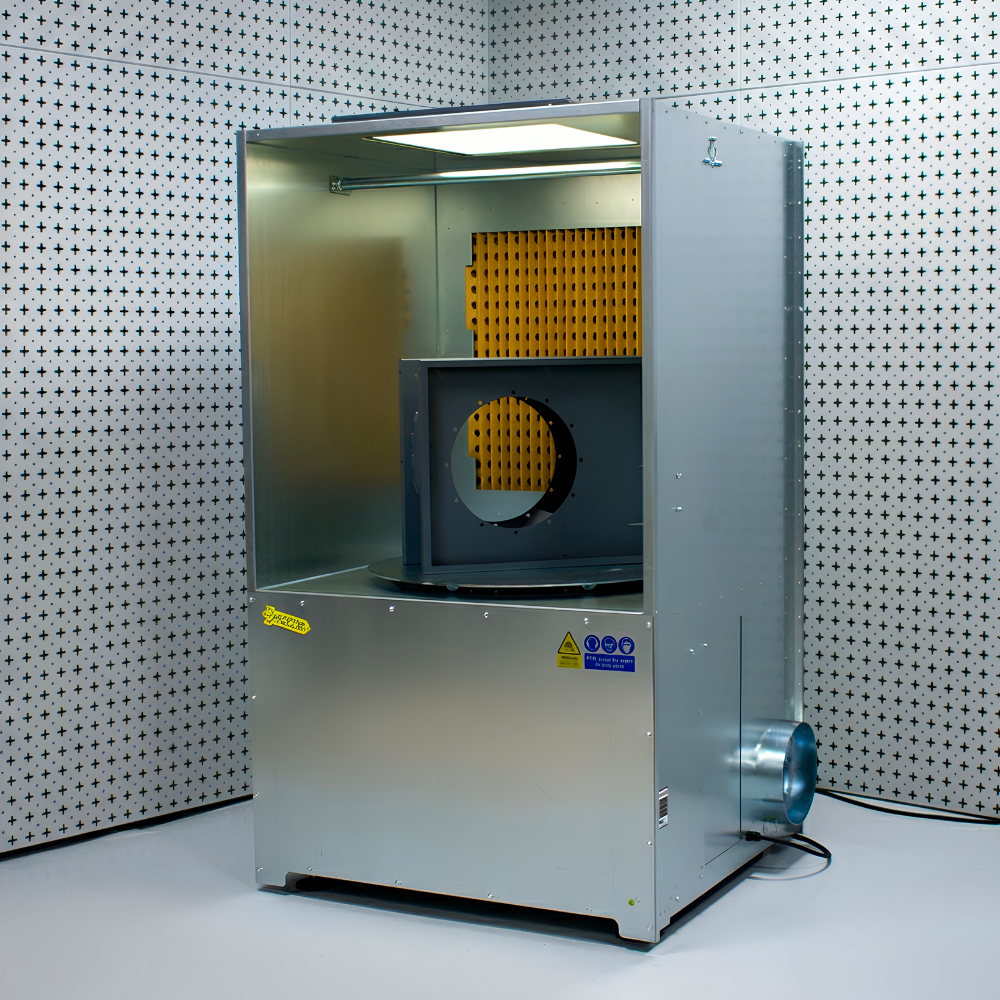 Industrial ATEX spray booth with turntable on white and black background