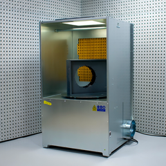 Industrial ATEX spray booth with turntable on white and black background