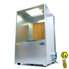 Industrial ATEX spray booth with turntable on white background