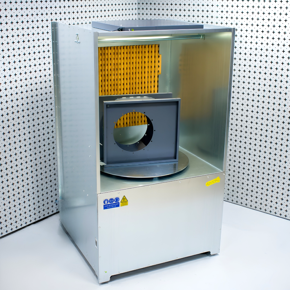 Industrial ATEX spray booth with turntable on white and black background