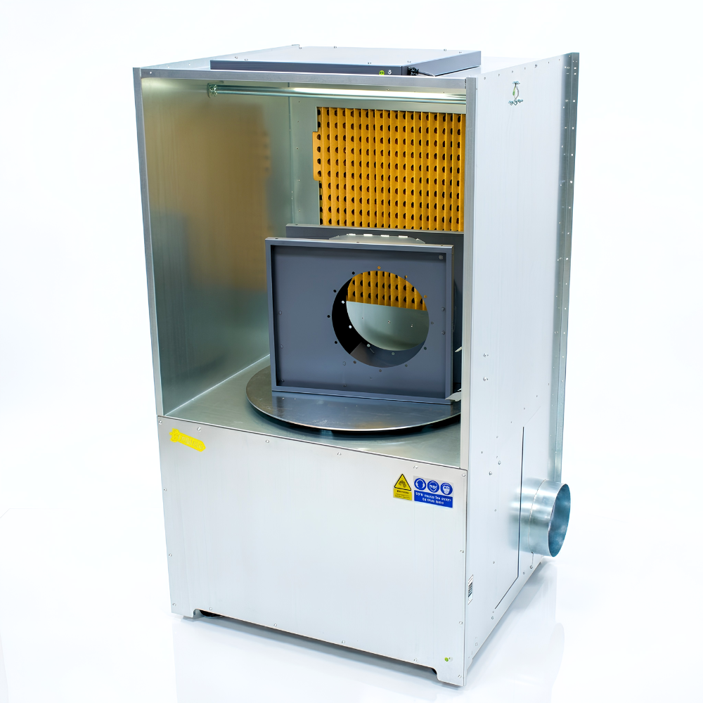 Industrial ATEX spray booth with turntable on white background with grey fan on turntable