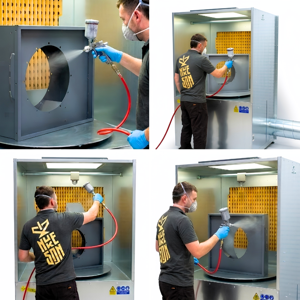 collage of Industrial ATEX spray booth with turntable on white background with man oporating the booth spraying product
