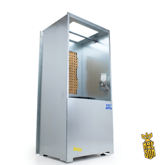 Spray painting booth with an integrated light, a back panel filter with hanging bar on a white background.