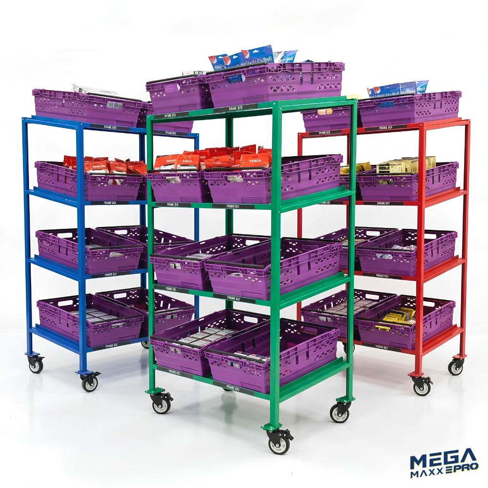 MegaMaxx PRO - Bale Arm Crate Trolley Shelving Unit (Side-By-Side Layout)