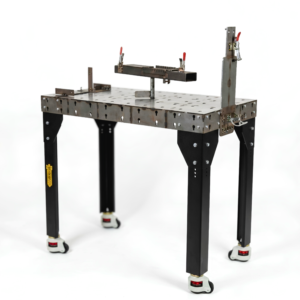 Welding table with black legs and welding tools in a white background