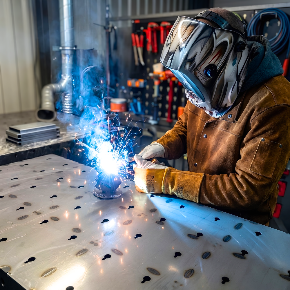 Welder using a welding table in a industrial workplace