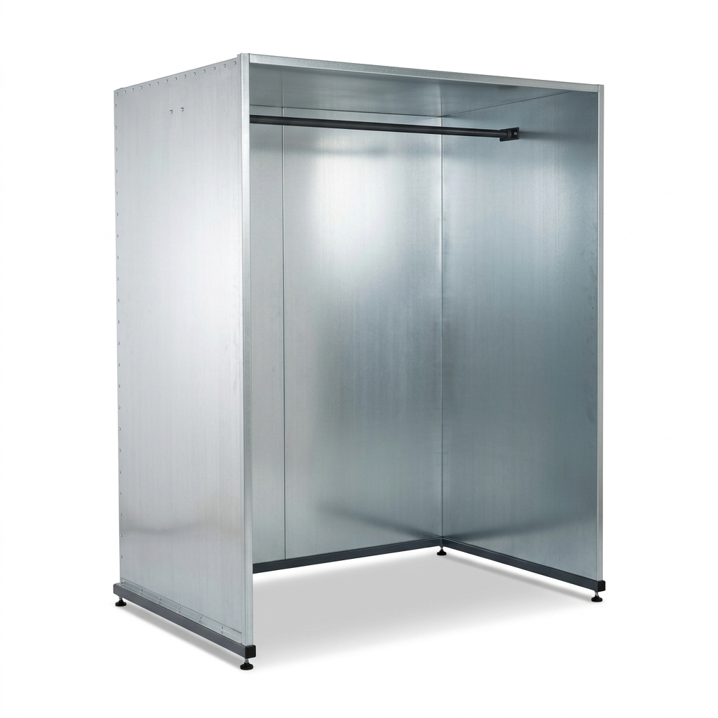 A galvanised steel canopy with hanging bar for paint drying on white background