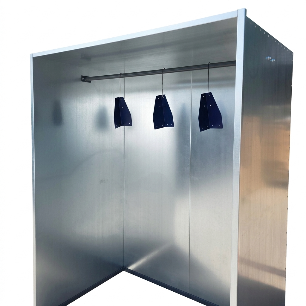 A galvanised steel canopy with hanging bar for paint drying with metal items hanging on white background