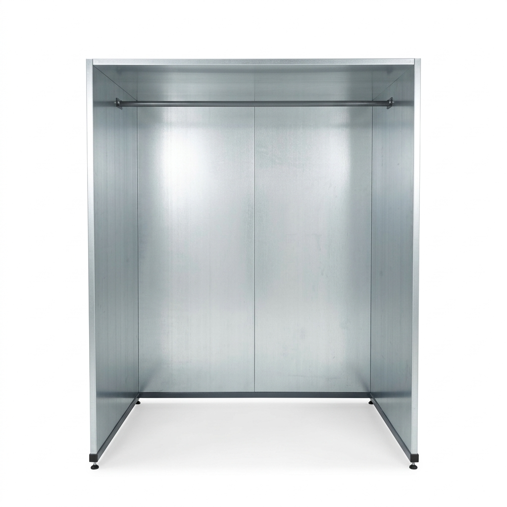 A galvanised steel canopy with hanging bar for paint drying on white background
