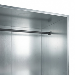 A galvanised steel canopy with hanging bar for paint drying on white background