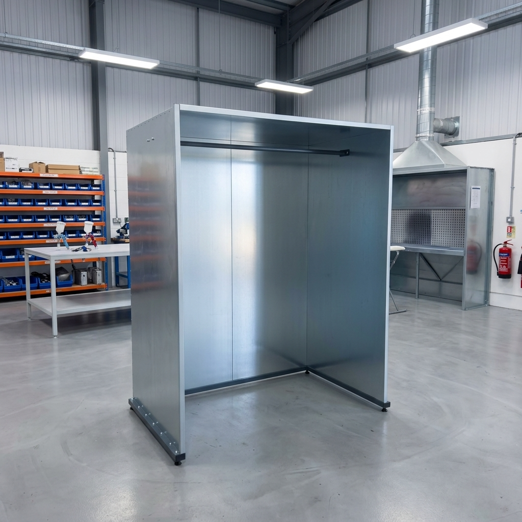 A large, paint drying hanging booth made of galvanised steel, positioned in a spacious industrial workshop with concrete floors, shelving, and other equipment in the background.
