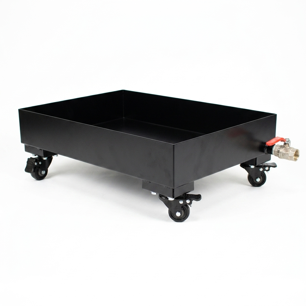 A black metal oil drain Custom Drip Tray Trolley on casters, featuring a side drain valve with a red handle and brass fitting, photographed on a white studio background.
