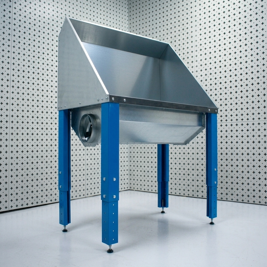 Plasma cutting table with extraction ducting port on a white background