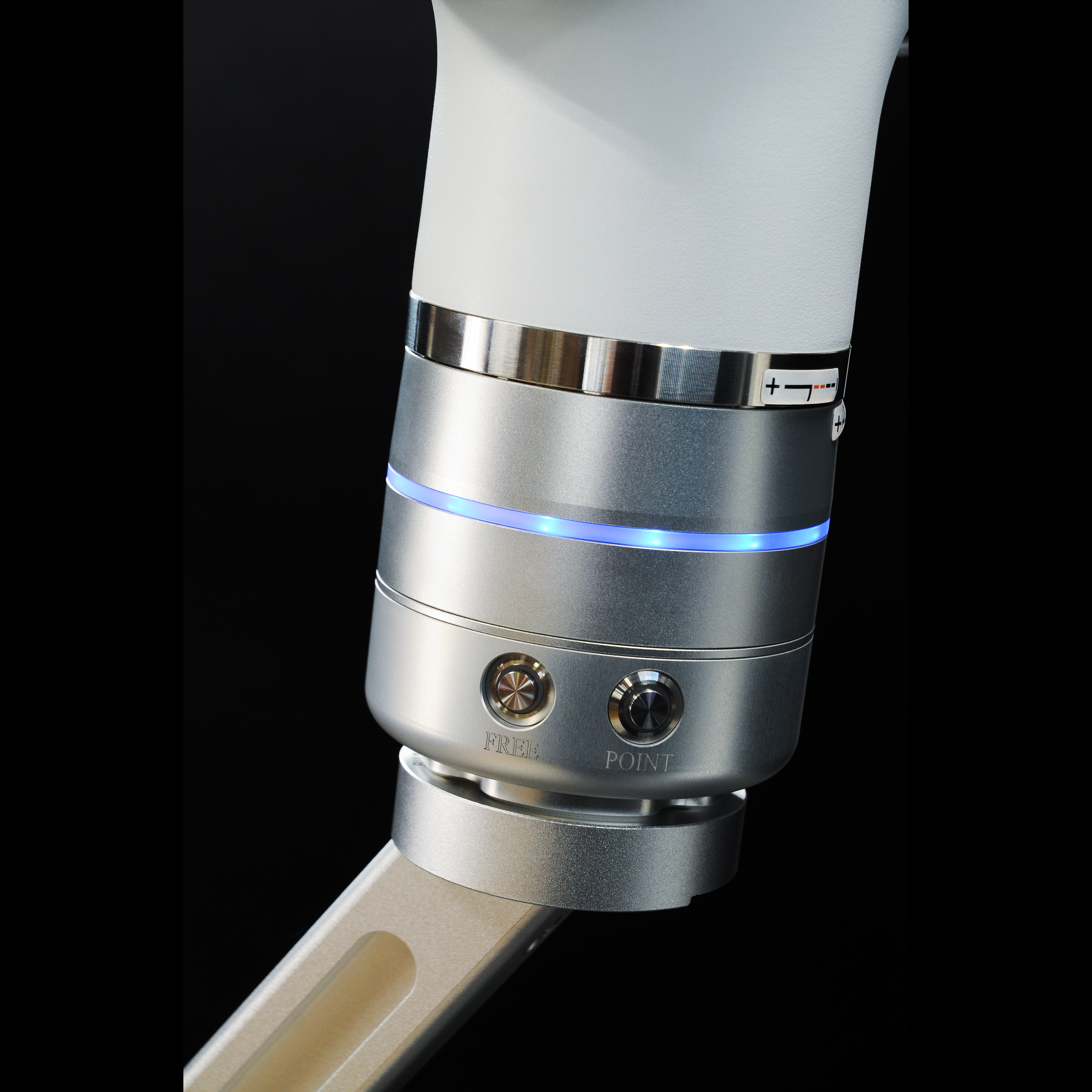 Close-up of WeldBot robotic arm joint with programing buttons 

