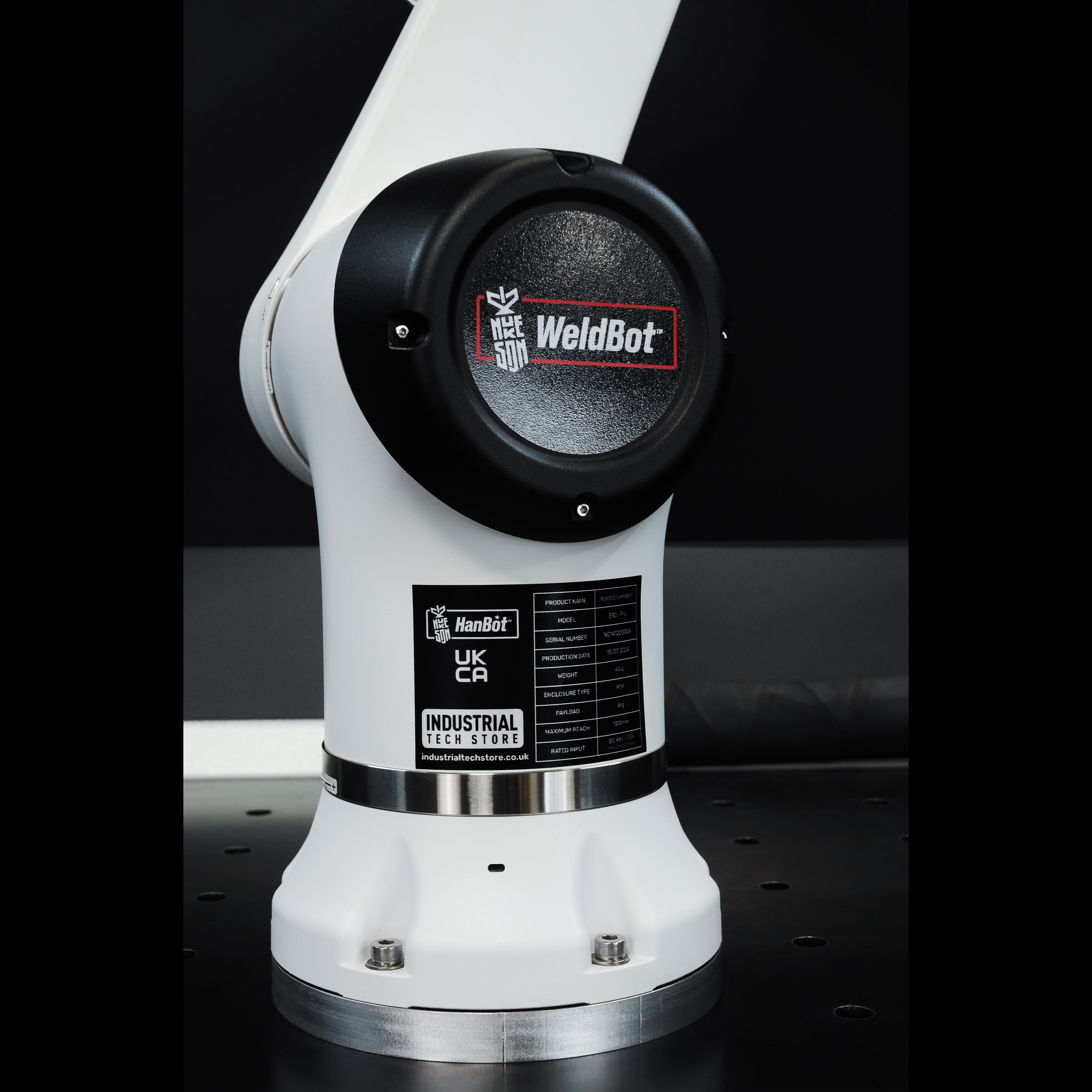 Close-up of arm base showing UKCA compliance marking and Industrial Tech Store branding 