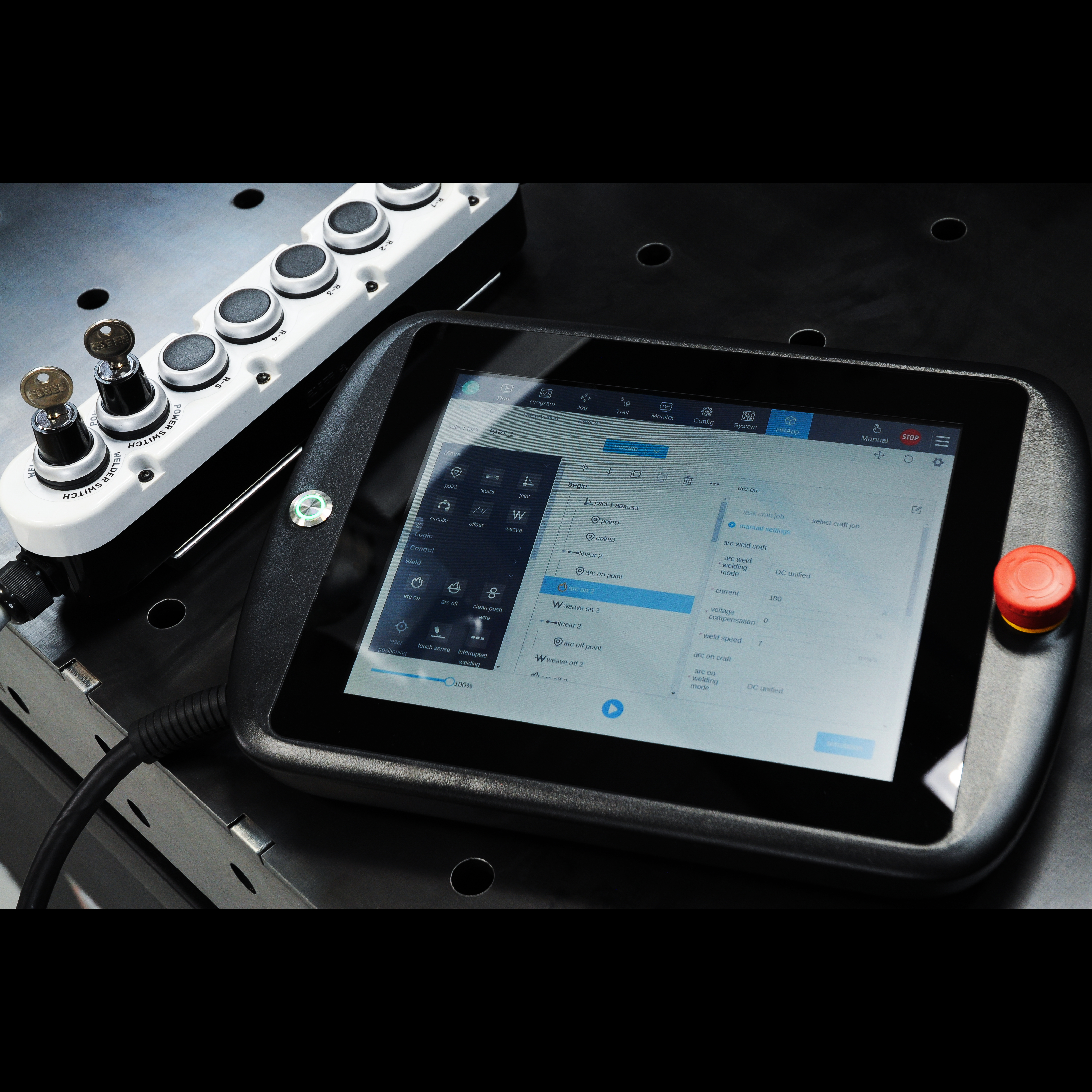Touchscreen control panel  robotic welding  with drag-and-drop programming