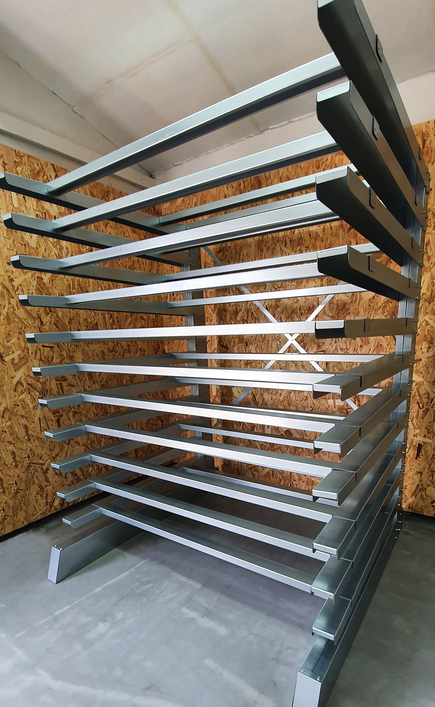 Nukeson Heavy Duty Cantilever Racking Suitable for Storing Flat Sheets of Material in Production Environments including sheets of steel, sheets of metal, acrylic or wood.