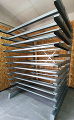 Nukeson Heavy Duty Cantilever Racking Suitable for Storing Flat Sheets of Material in Production Environments including sheets of steel, sheets of metal, acrylic or wood.
